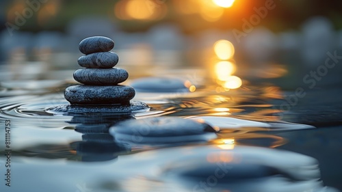 The image shows a stack of smooth  round stones balanced on top of each other  sitting in a shallow body of water