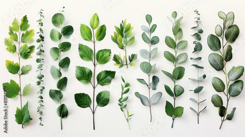 The image shows a variety of green leaves on a white background