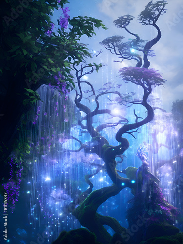 Eyva tree  goddess Pandora planet illuminated by blue  light. close up. Ai generated