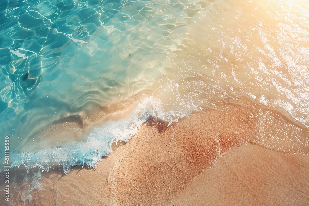Fototapeta premium 3D rendered abstract sandy beach from above with clear blue water waves and sun rays, summer vacation background.