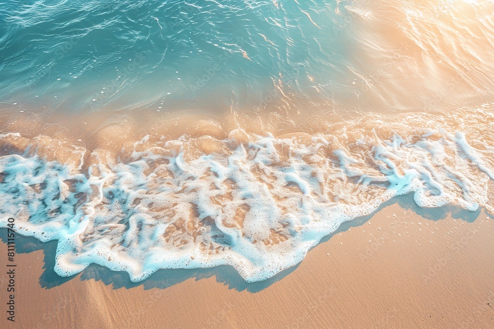 3D rendered abstract sandy beach from above with clear blue water waves and sun rays, summer vacation background.