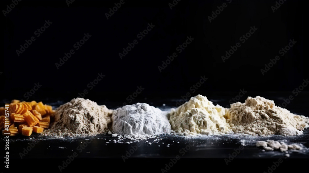 Fototapeta premium Various types of culinary flour in a row, black background. AI generated.