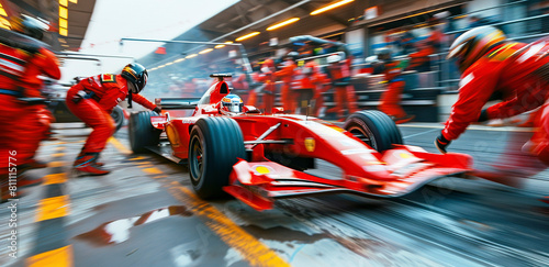 A red Formula One car in a pit stop with a racing crew