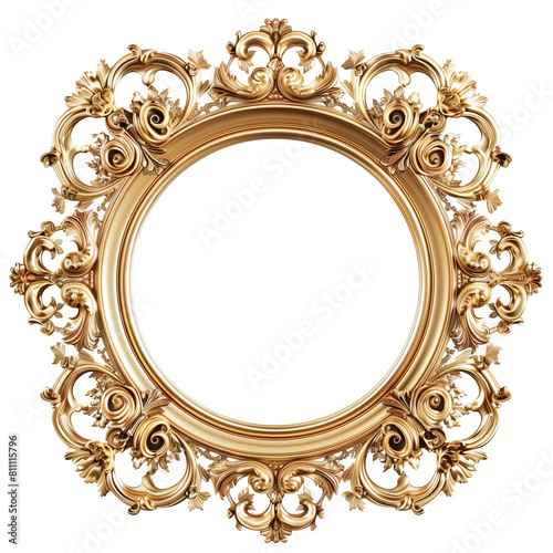 uxury golden picture frame with baroque ornaments, isolated on white background. Victorian style mirror for photo or painting. Golden vintage round decorative frame in circle shape © IULIIA