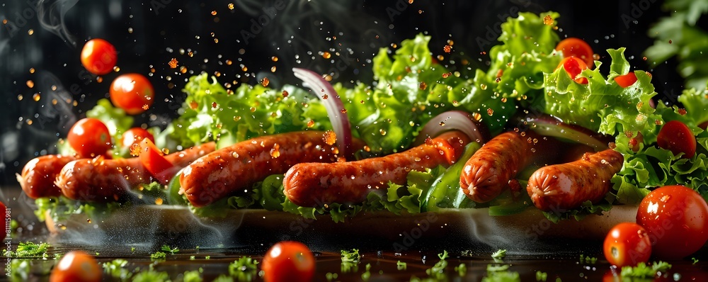 Delectable hotdog sausages, expertly grilled and kept warm, adorned with crisp lettuce, juicy tomatoes, tangy onions, and zesty peppers for a culinary delight