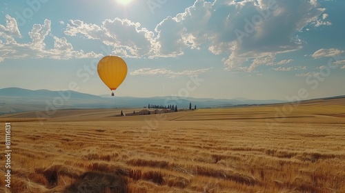 Balloon in Sunrise view of tea plantation landscape. AI generated illustration