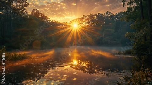 Golden misty sunrise on the pond in the autumn morning. Trees with rays of the sun cutting through the branches, reflected in the water. AI generated illustration