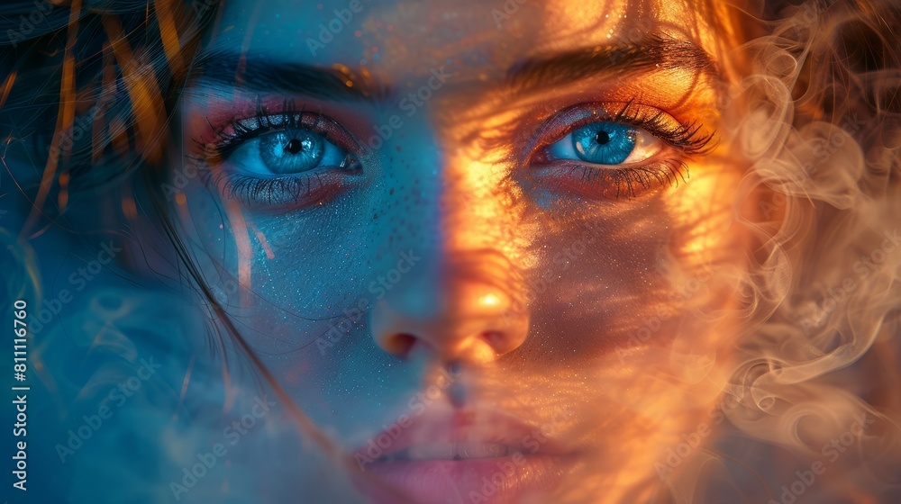 The image shows a woman's face with blue eyes and orange-colored smoke surrounding her. The image shows a woman's face with blue eyes and orange-colored smoke surrounding her.