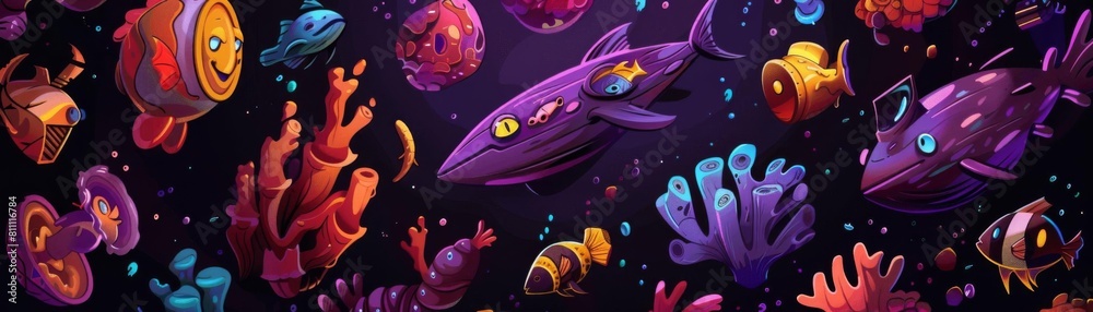 A beautiful seamless pattern of a coral reef with various kinds of fish, crabs, and other sea creatures. The colors are vibrant and the design is intricate. A beautiful seamless pattern of a coral reef with various kinds of fish, crabs, and other sea creatures. The colors are vibrant and the design is intricate.
