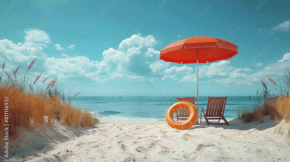 Serene Beach Setting with Red Umbrella, Wooden Chairs, and Orange Inflatable Ring