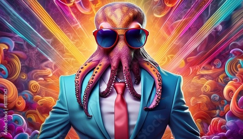 Portrait eines coolen Oktopus mit Sonnebrille im Business Anzug photo