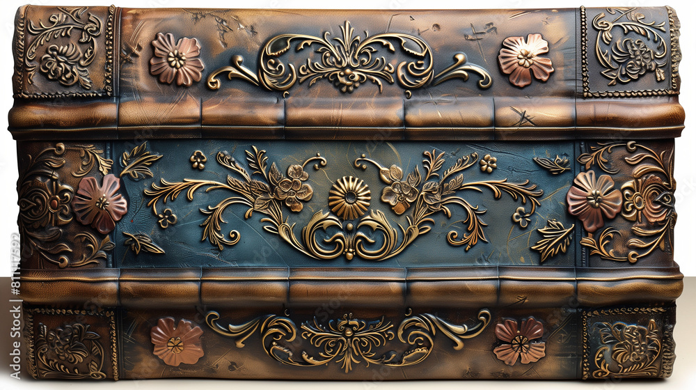 vintage leather book with intricate floral designs, painted in the style of dark blue and copper colors, on white background, hyper realistic photography
