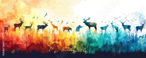 abstract wildlife conservation background with diverse animal silhouettes