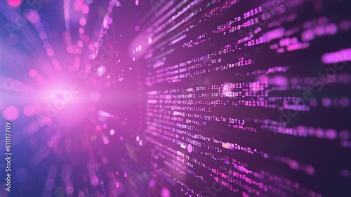 A binary code tunnel. Purple and pink colors. Fast moving streams of glowing numbers. Futuristic technology concept. photo