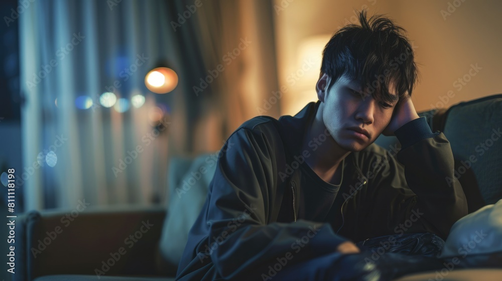 Unhappy Asian young man, reflects a dimly lit living room, emphasizing his sense of isolation, failure, and exhaustion Unhappy Asian young man, reflects a dimly lit living room, emphasizing his sense of isolation, failure, and exhaustion