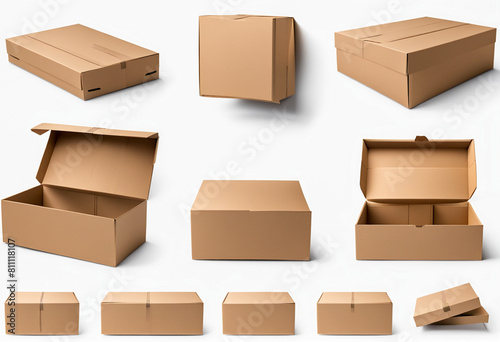 cardboard boxes set- Medium size. Different uses. Opened and closed. White background © Atelier Digital