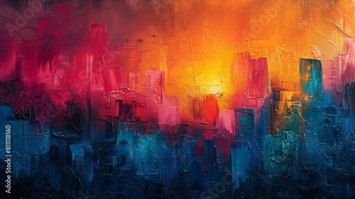 The painting is a vibrant and colorful depiction of a cityscape