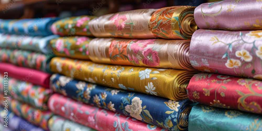 Pile of Embroidered Chinese Silk Fabrics Display: Silk Textiles with Elegant Colorful Floral Patterns and Gold Silver Embroidery Pile of Embroidered Chinese Silk Fabrics Display: Silk Textiles with Elegant Colorful Floral Patterns and Gold Silver Embroidery