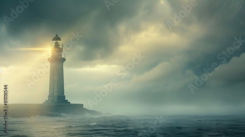 A lighthouse stands tall and proud on a rocky coast photo