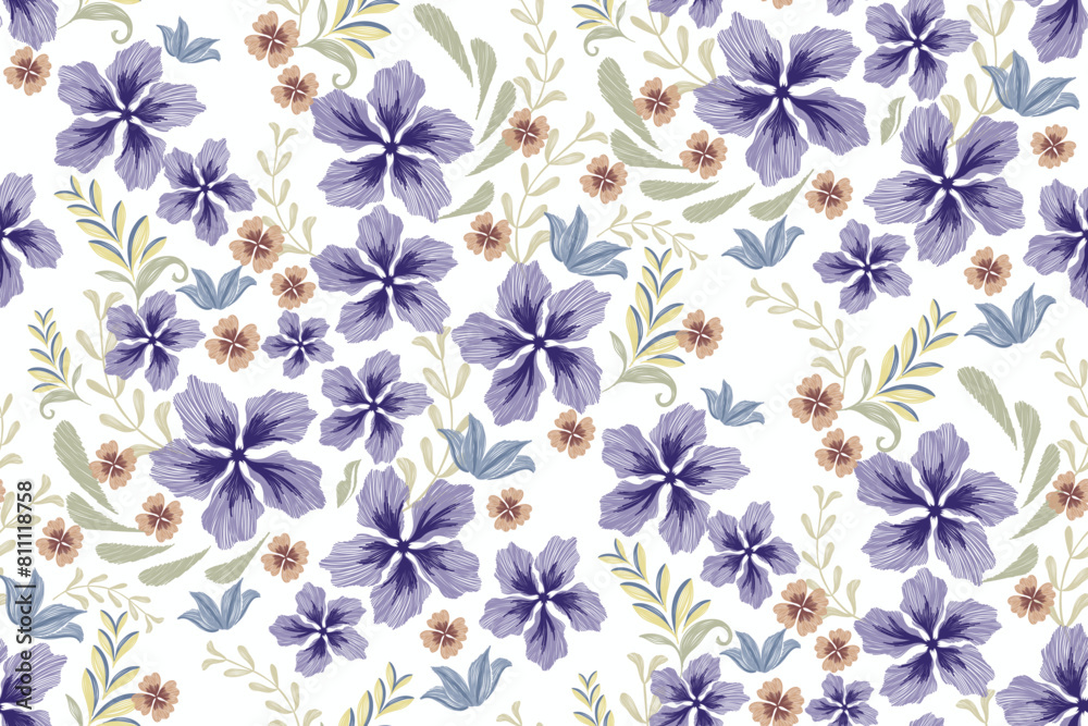 Obraz premium Floral ditsy pattern seamless paisley embroidery with blue flower motifs. Vintage pattern batik style. Ikat texture vector illustration fabric print template wallpaper design background border.