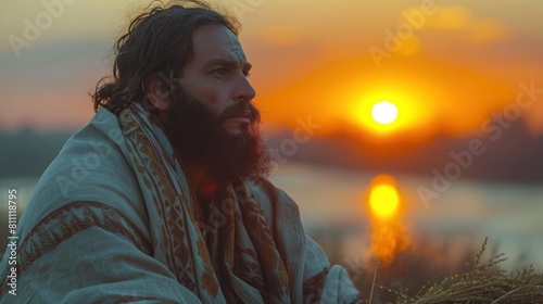 Serene Jewish Man in Traditional Talit and Tefillin Praying at Sunset photo