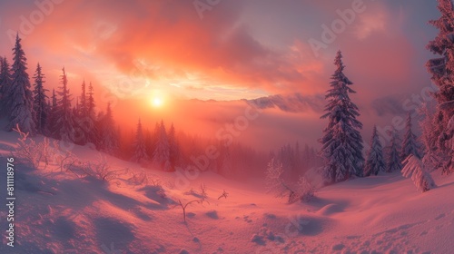 Breathtaking Winter Sunrise Over a Snow-Covered Forest and Misty Mountains © AS Photo Family