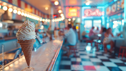 A delicious soft-serve ice cream cone sits on the counter of a vibrant diner with patrons in the background photo