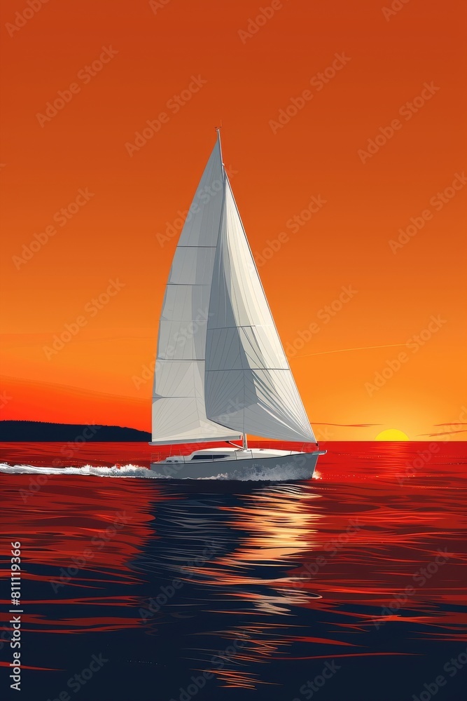Fototapeta premium Boat with a white sail at sunset in the sea