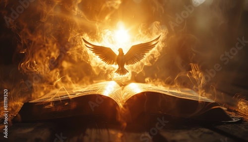 A white dove is flying over an open book by AI generated image