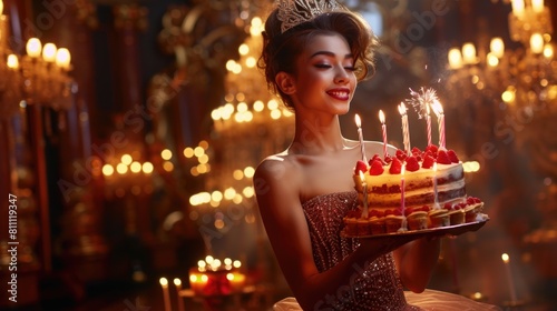 A woman holds a cake with candles, ready to celebrate a special occasion.