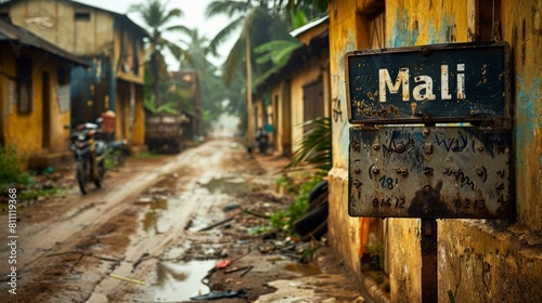 Rain-Soaked Street in Mali with Rustic Postbox Featuring the Country's Name