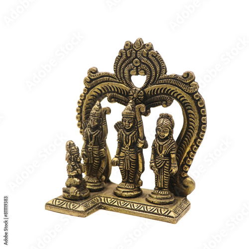 brass handcrafted statue of ram darbar with lord ram lakshman and sita devi along with hanuman isolated in a white background