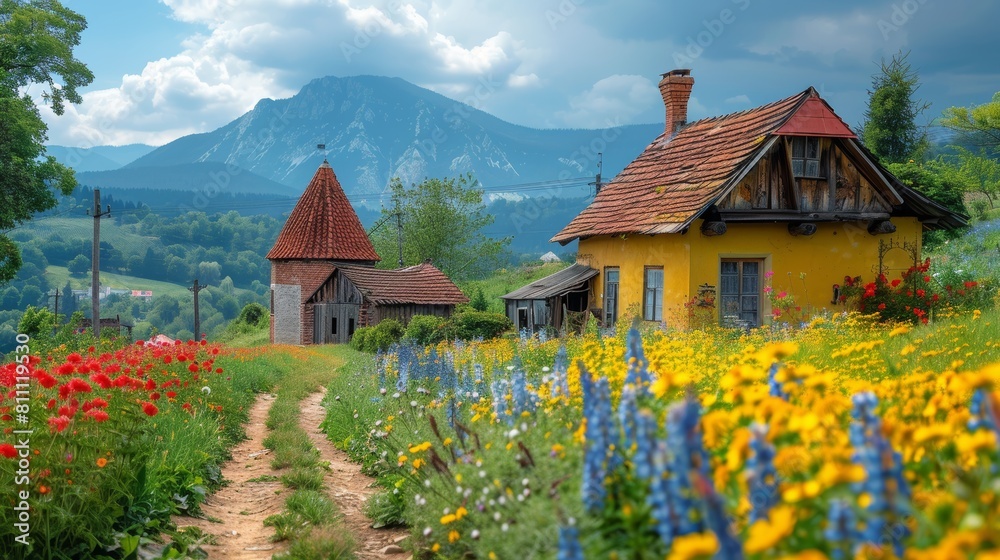 Idyllic Summer Landscape With Colorful Flowers and Traditional Romanian House