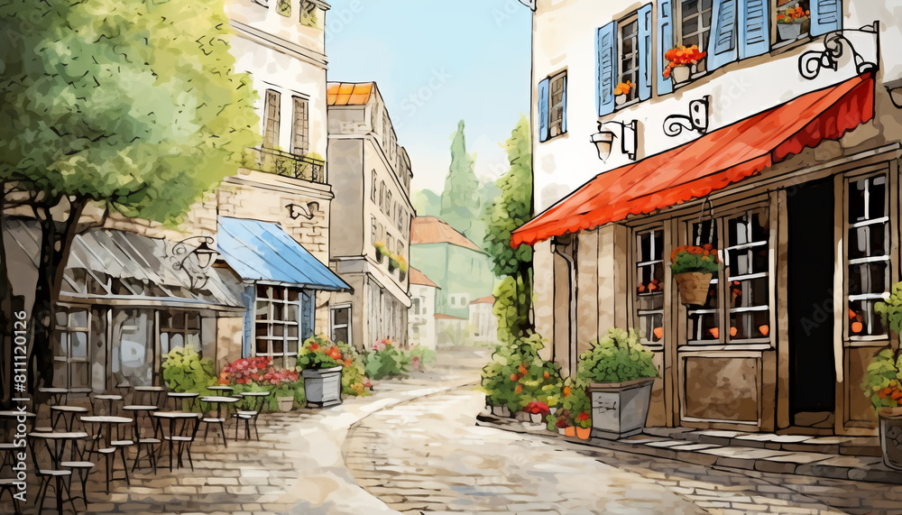 AI illustration of a cobblestone path through city depicted in wall painting