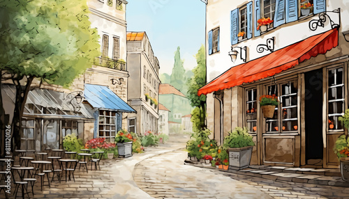 AI illustration of a cobblestone path through city depicted in wall painting