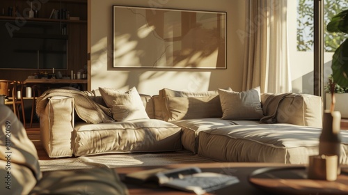 Modern cozy interior, amerycan style, beige tones