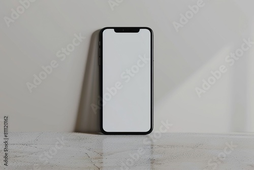 Mockup of an iPhone screen in white on gray wall and mottled floor.