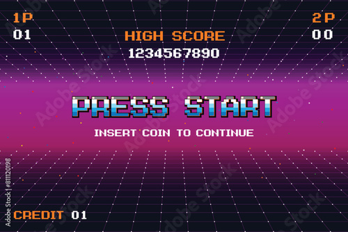 PRESS START INSERT A COIN TO CONTINUE .pixel art .8 bit game. retro game. for game assets .Retro Futurism Sci-Fi Background. glowing neon grid. and stars from vintage arcade computer games