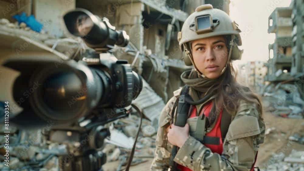 A female war correspondent wearing a bulletproof vest and helmet reported living near the destroyed building. A female war correspondent wearing a bulletproof vest and helmet reported living near the destroyed building.
