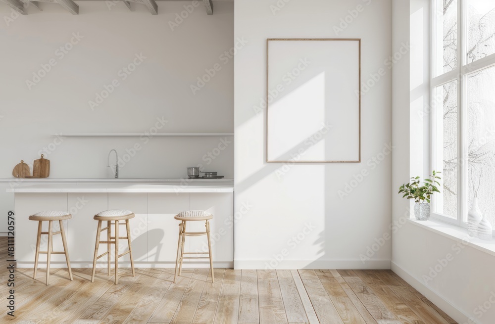 White kitchen with wall poster mockup, white walls, wooden floor and barstools. Window on the right side of frame White kitchen with wall poster mockup, white walls, wooden floor and barstools. Window on the right side of frame