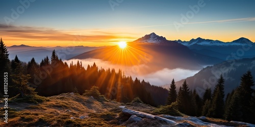 Amazing beautiful rock hills mountain peak sunrise ligh beam. Adventure travel nature outdoor landscape background scene view