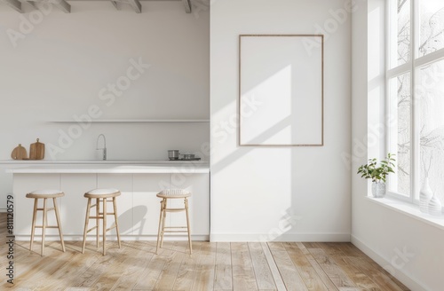 White kitchen with wall poster mockup  white walls  wooden floor and barstools. Window on the right side of frame