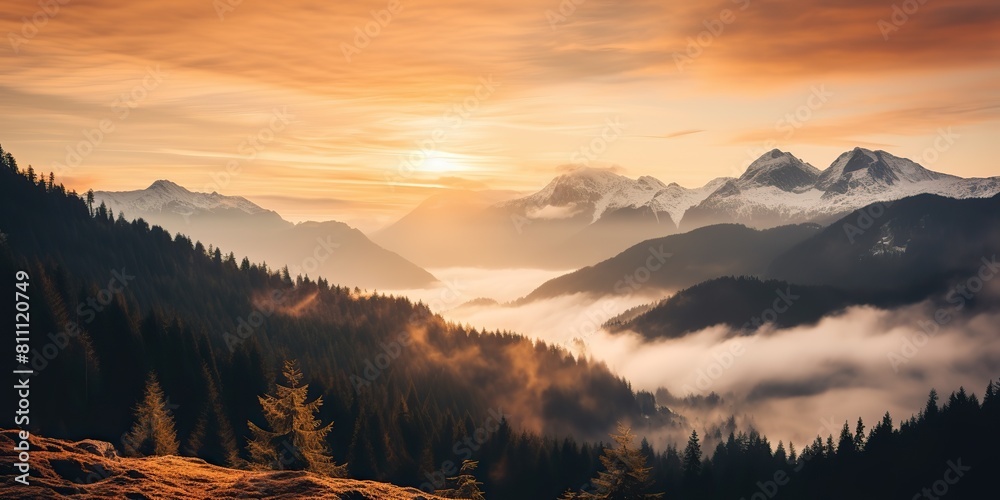 Obraz premium Amazing beautiful rock hills mountain peak sunrise ligh beam. Adventure travel nature outdoor landscape background scene view