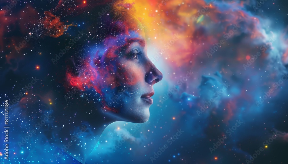 A woman's face is shown in a colorful, starry background by AI generated image A woman's face is shown in a colorful, starry background by AI generated image