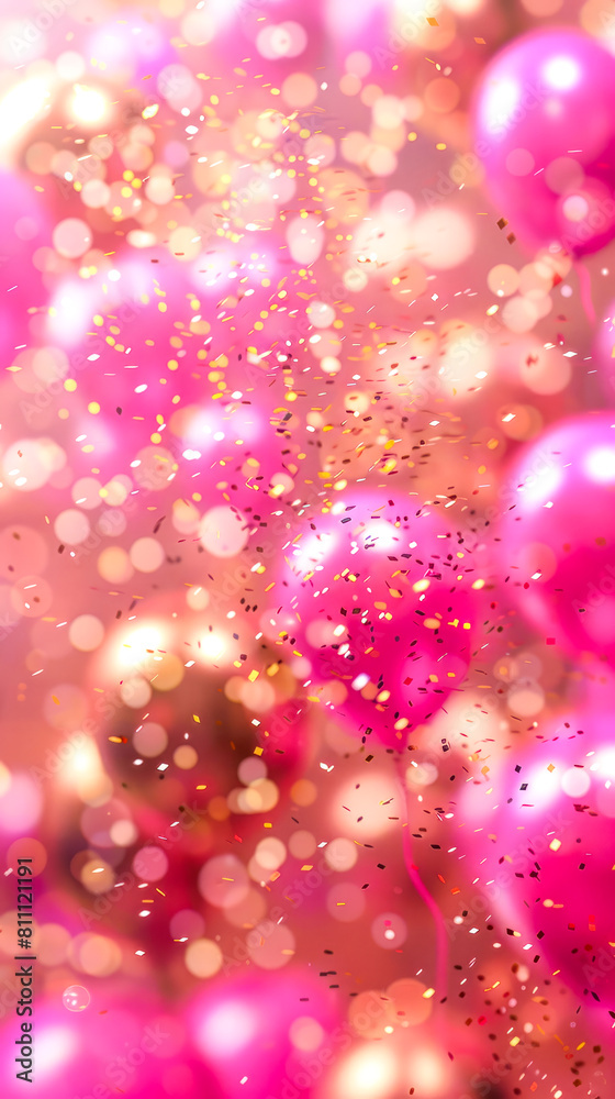 Abstract bokeh background with pink balloons and golden confetti. Abstract bokeh background with pink balloons and golden confetti.