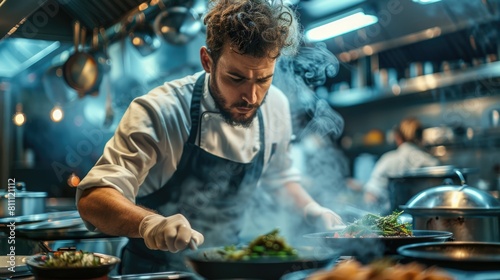 Chef sautéing vegetables in a busy professional kitchen. 