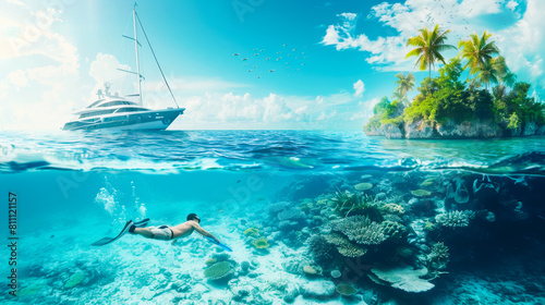 Tropical Snorkeling Adventure for a Man Near a Yacht  © Creative Valley