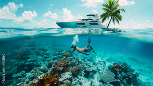 Underwater Adventure with a Man Snorkeling Near a Yacht  © Creative Valley