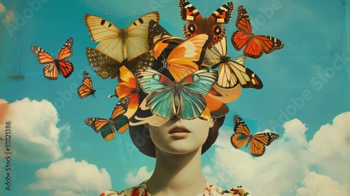  A woman with butterflies flying around her head against a sky background, in the style of modern collage artist
