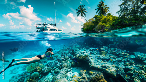 Underwater Tropical View of a Girl Snorkeling by a Yacht  © Creative Valley